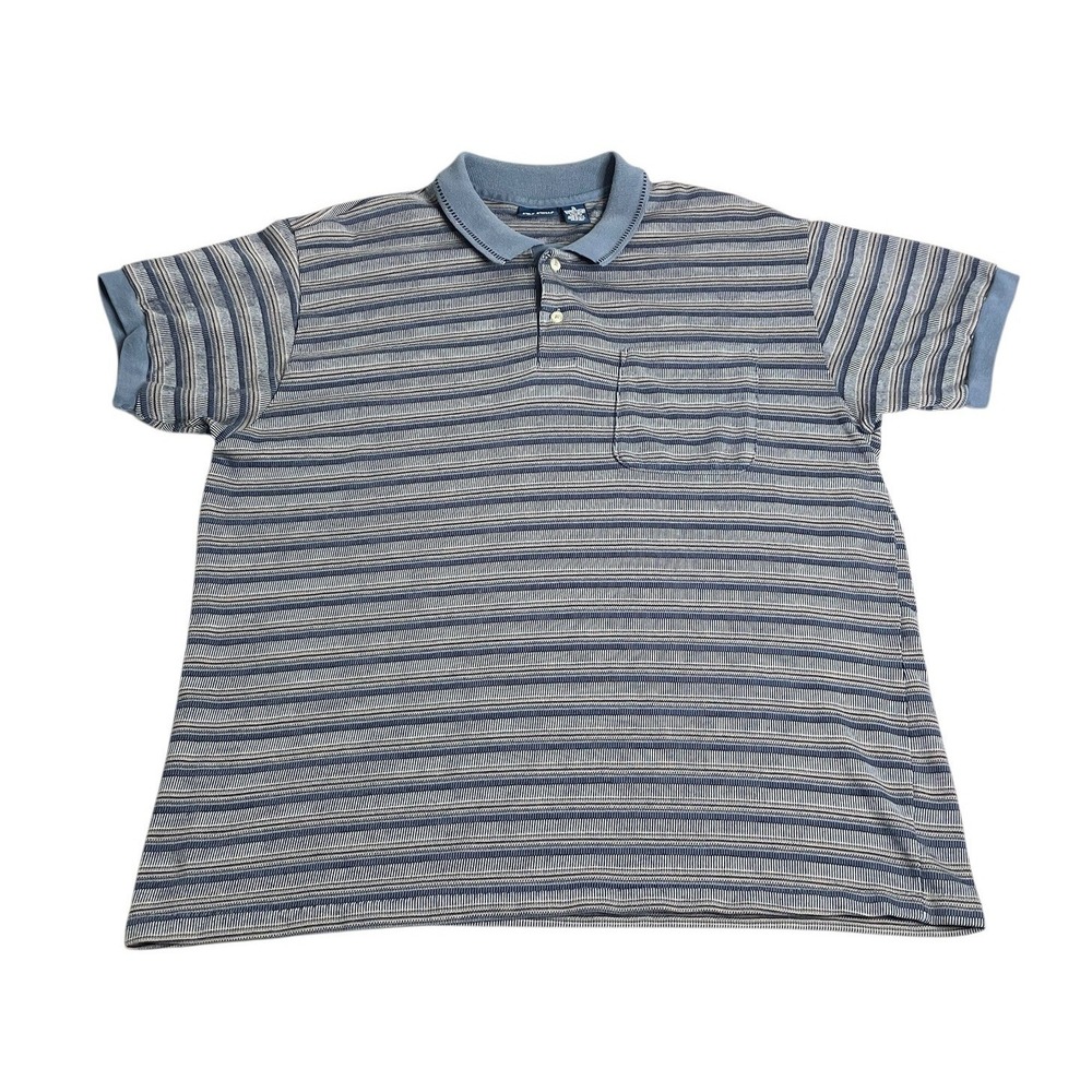 Vintage Par Four Polo‎ Shirt Mens XL Blue Textured Striped Knit 50/50 80s USA